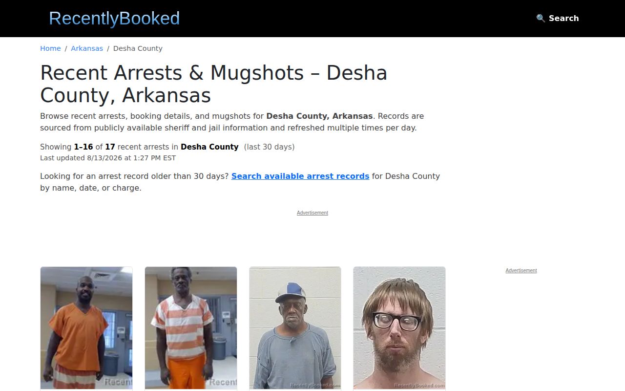 Unofficial Desha County mugshot news landing with freshness caveat