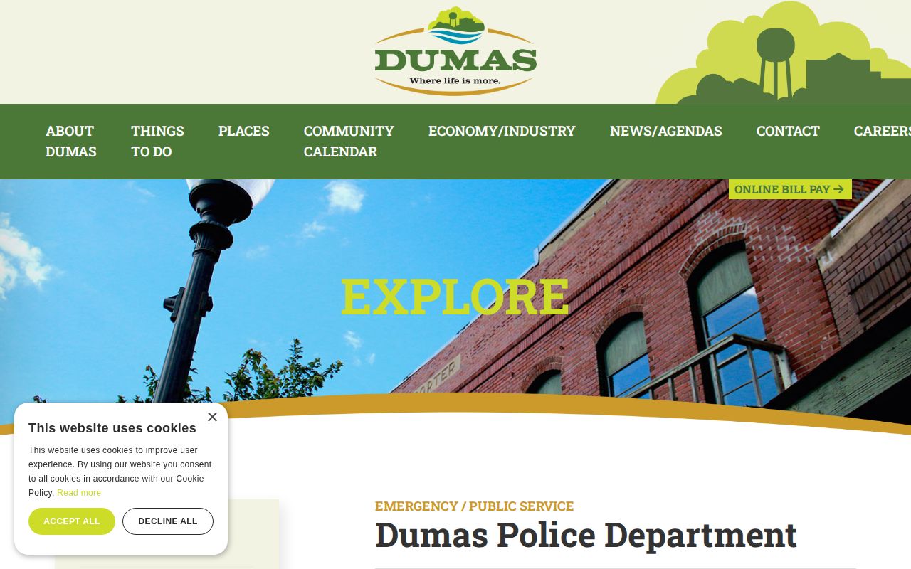 Dumas Police Department contact page for Dumas arrest and booking records